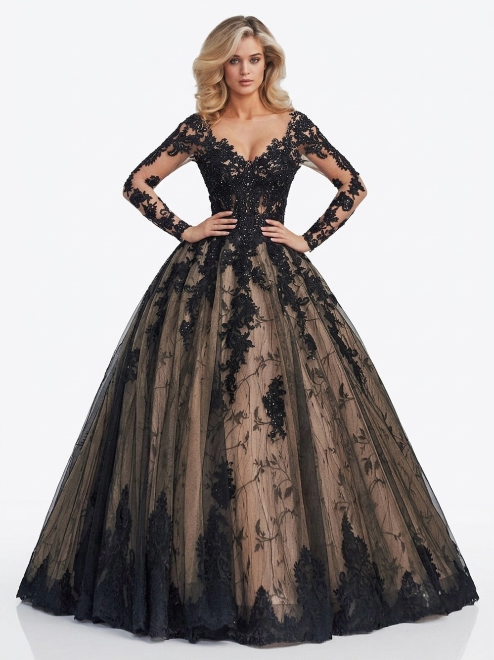 Black Long-Sleeved 3d floral Lace Wedding Dress Ball Gown w Nude Illusion Corset